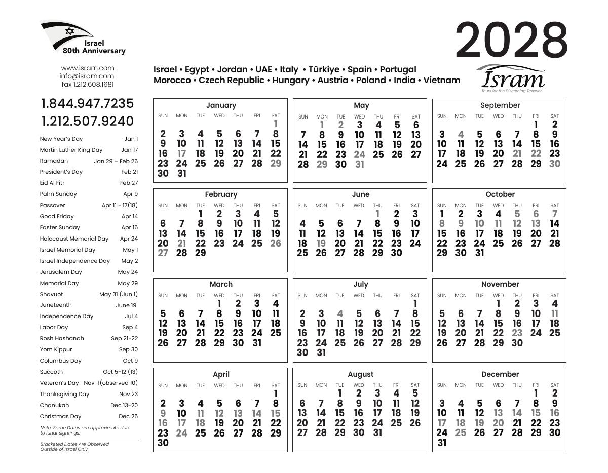 2028 travel calendar - black and white
